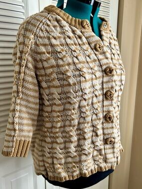 Architect Chunky Cable Knit Cardigan Sweater Tan/Cream Striped Boho Cozy XL